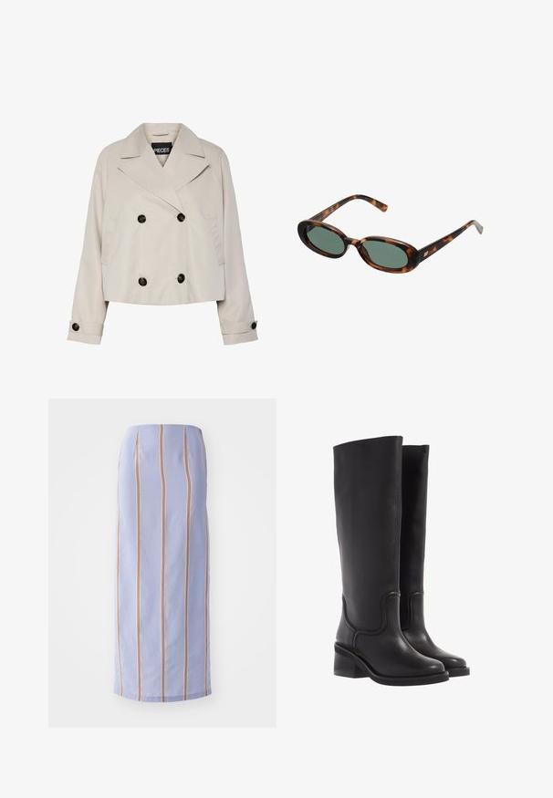 Hellbeige cropped Doppelreiher-Jacke mit breiten Revers, vier schwarzen Knöpfen vorne und geknöpften Manschetten an den langen Ärmeln.; Zwei weiße Baumwoll-T-Shirts mit kurzen Ärmeln, Rundhalsausschnitten und einer engen Passform, die eine glatte Textur und ein minimalistisches Design aufweisen.; Helllila Midirock mit vertikalen Streifen in Orange und Weiß. Glatte Textur mit einer strukturierten Passform und geradem Saum.; Schwarze Lederstiefel bis zum Knie mit glatter Textur, abgerundeter Spitze und klobigem Absatz. Mit dezenten Nähten und einem schlanken Design.; Schildpatt-Sonnenbrille mit ovalen Rahmen und grünen Gläsern. Verfügt über dünne Bügel mit einem metallischen Akzent in der Nähe der Scharniere.; Silberne Metallohrringe mit einem wellenförmigen, skulpturalen Design, das eine polierte Oberfläche und unregelmäßige Formen aufweist, die eine zeitgenössische Ästhetik betonen.