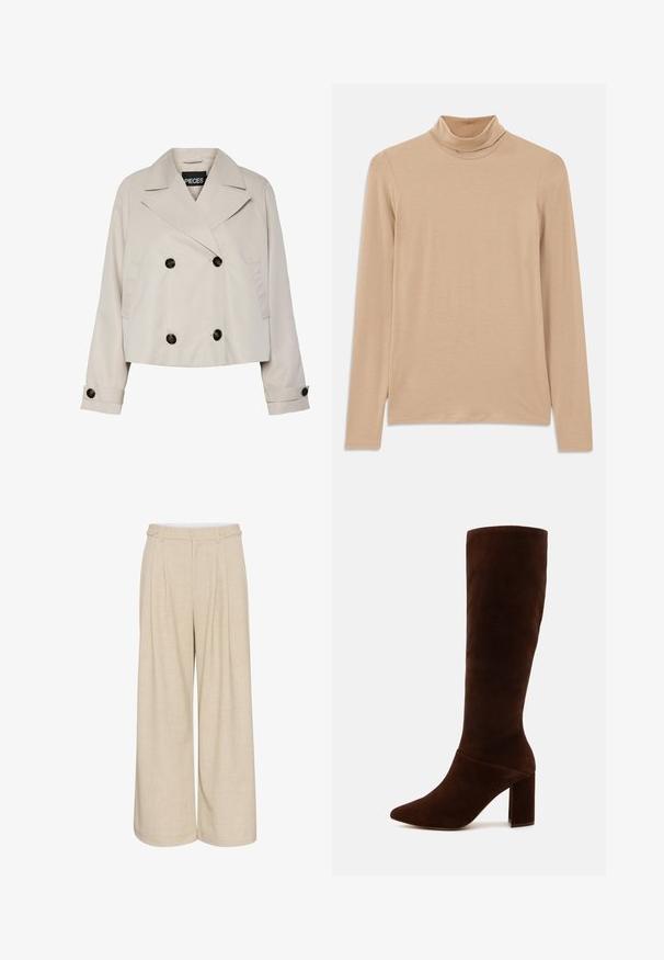 Světlobéžová zkrácená dvouřadá bunda s širokými klopami, čtyřmi černými knoflíky na přední straně a knoflíkovými manžetami na dlouhých rukávech.; Beige svetřík s dlouhým rukávem a vysokým límcem vyrobený z měkké, texturované látky; má úzký střih a vysoký krk. Žádné viditelné vzory nebo kovové prvky.; Krémové kalhoty s širokými nohavicemi ze strukturované látky s vysokým pasem, které mají dva přední knoflíky a dvojité boční kapsy pro praktičnost.; Hnědé semišové kozačky až ke kolenům s špičatou špičkou a mohutným čtvercovým podpatkem. Hladký povrch s přiléhavým svrškem a bez viditelných zapínání.
