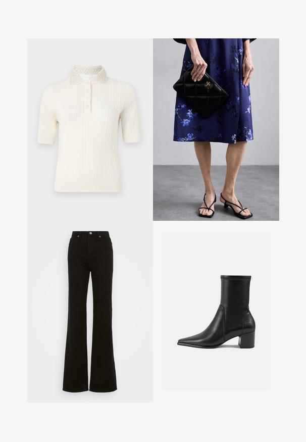 Lys beige kort dobbeltbrystet jakke med brede revers, fire sorte knapper foran, og knappefeste på lange ermer.; Kortermet strikket polo-genser i off-white med ribbet tekstur og krage med perleaccent. Har knappelukking nedover fronten.; Høyt liv svarte utsvingte jeans laget av denim, med knappelukking, sidelommer og en glatt tekstur.; Sorte ankelstøvler laget av glatt lær, med spiss tå, blokkhelt og distinkte hevede sømmer på toppen.; Svart quilted clutch med gullhardware, kombinert med en blå blomstret kjole. Kjolen har en glatt tekstur og knelange silhuett. Sorte stroppesandaler.