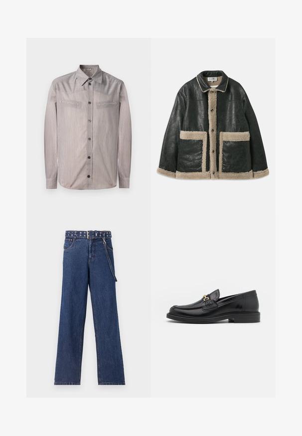 Czarna skórzana kurtka z beżowym futrzanym podszyciem, z dużymi kieszeniami z przodu i klasycznym kołnierzem. Guziki biegną wzdłuż przodu.; Pasiasta koszula zapinana na guziki w jasnych kolorach, z klasycznym kołnierzykiem, dwiema kieszeniami na piersi oraz długimi rękawami. Gładka tekstura z subtelnym połyskiem.; Granatowe dżinsy o prostym kroju, z wzorzystym paskiem z metalowymi oczkami i dopasowaną pętlą na pasek.; Czarne skórzane loafersy z zaokrąglonym noskiem, z ozdobnymi złotymi akcentami i detalami szycia, osadzone na niskiej, teksturowanej gumowej podeszwie.