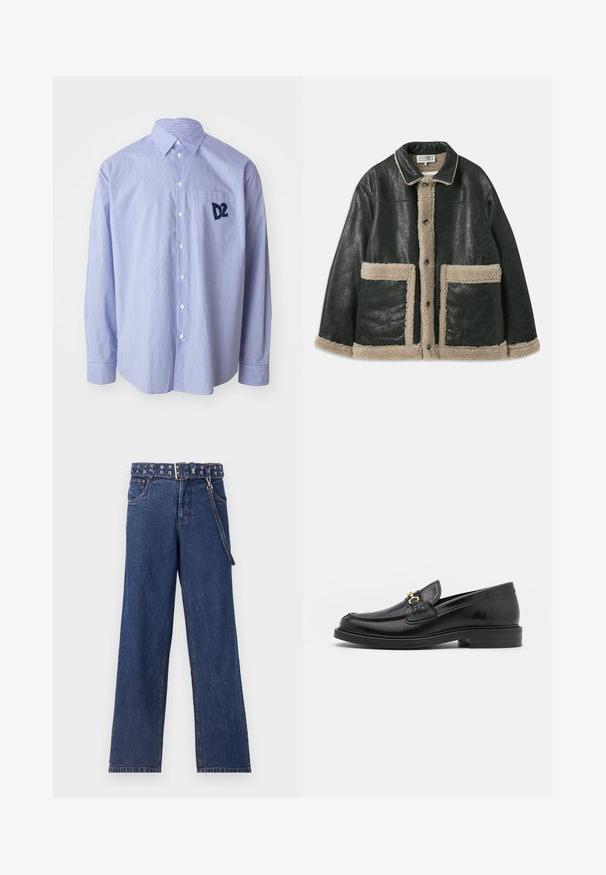 Musta nahkatakki, jossa on vaalea villavuori, suurilla etutaskuilla ja klassisella kauluksella. Nappirivi kulkee edessä.; Sininen ja valkoinen raidallinen pitkähihaista paitaa, joka on valmistettu puuvillasta. Siinä on nappikaulus ja rintatasku, jossa on laivastonsininen logo.; Tummansiniset farkut suoralla lahkeella, joissa on kuvioitu vyö metallisilla reikillä ja samansävyinen vyölenkki.; Musta nahkainen loafers-tyylinen kengät, joissa on pyöreä kärki, kultaiset yksityiskohdat ja ompelutiedot, asetettu matalalle, teksturoidulle kumipohjalle.