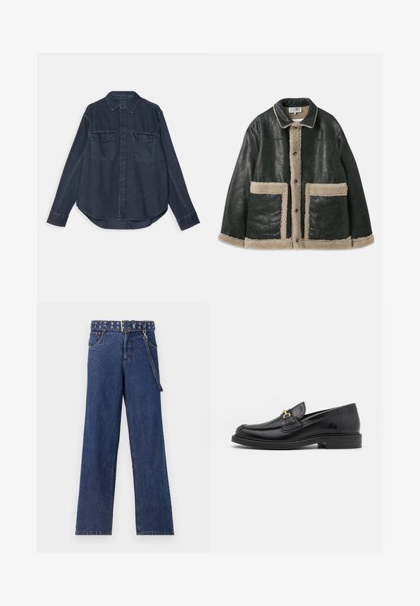 Čierna kožená bunda s béžovým ovčím kožuchom, so širokými prednými vreckami a klasickým golierom. Po celej dĺžke sú gombíky.; Tmavomodrá jeansová košeľa s predným zapínaním na gombíky, špicatým golierom, dvoma náprsníkovými vreckami a dlhými rukávmi s gombíkovými manžetami.; Tmavomodré džínsy s rovnými nohavicami, ktoré majú vzorovaný opasok s kovovými očkami a zodpovedajúcim pútkom na opasok.; Čierne kožené loafers so zaoblenou špičkou, s pozlátenými kovovými prvkami a detailným šitím, uložené na nízkej, textúrovanej gumenej podrážke.