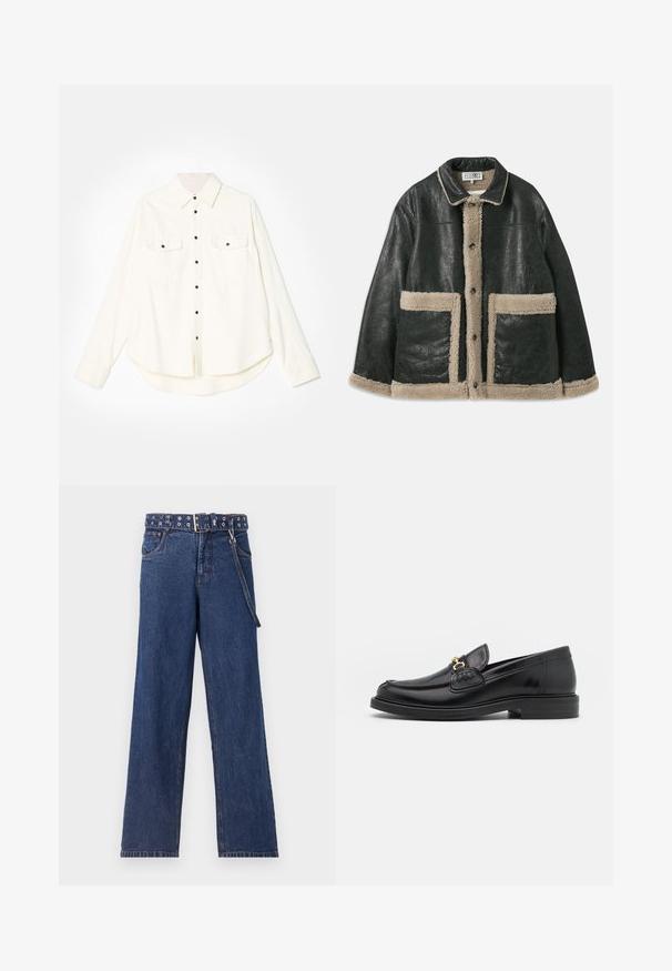Black leather jacket with a beige shearling lining, featuring large front pockets and a classic collar. Buttons run down the front.; White button-up shirt with long sleeves, two chest pockets, black buttons, and a curved hemline. Made from a soft, textured fabric.; Dark blue denim jeans with a straight-leg design, featuring a patterned belt with metal eyelets and a matching belt loop.; Black leather loafers with a rounded toe, featuring gold hardware accent and stitching detail, set on a low, textured rubber sole.