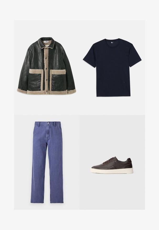 Black leather jacket with a beige shearling lining, featuring large front pockets and a classic collar. Buttons run down the front.; Navy blue cotton t-shirt with short sleeves, round neckline, and minimal stitching details. Simple design with no visible patterns or accents.; Blue denim jeans with a straight-leg cut, high waist, front zipper, and five-pocket design. The fabric has a slight texture. No patterns.; Dark brown leather sneakers with a textured finish, round toe, and contrasting cream rubber sole. Features laces and subtle stitching details.