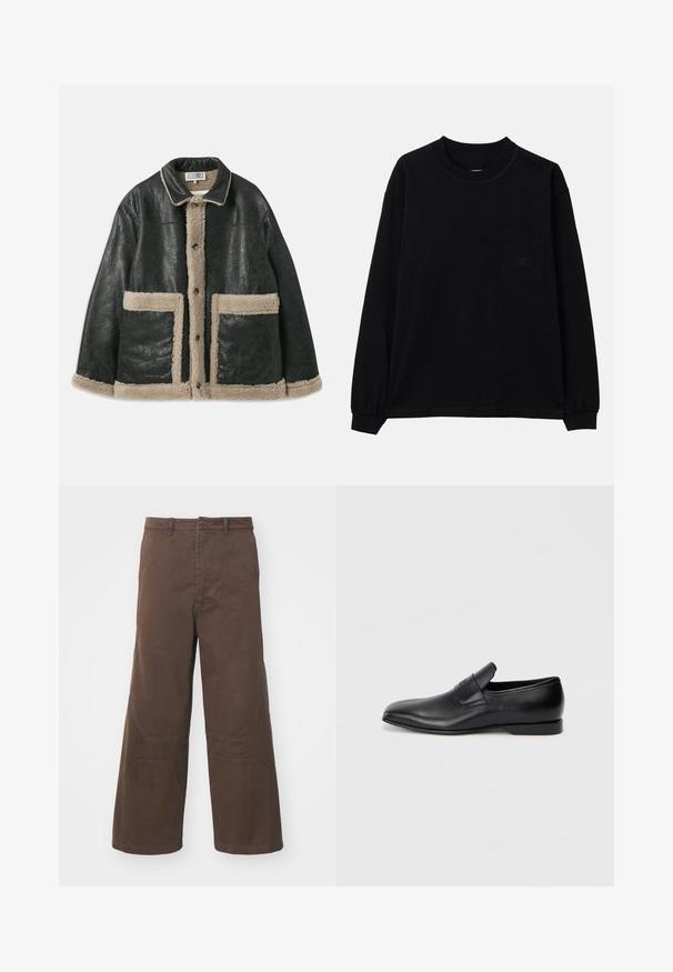 Must musta jakk, millel on beež lambavillane vooder, suure esikottidega ja klassikalise kraega. Ees olevate nööpide rida ulatub piki fronti.; Must mustav T-särk, pikad varrukad, 100% puuvill, ümar kaelus, vasakul rinnal tasku ja elastsed varrukad. Minimalistlik disain ilma mustrite ja kaunistusteta.; Pruunid laiad püksid, mis on valmistatud vastupidavast puuvillast. Omavad esipoolse tasku detaile ja tugevdusõmblusi põlvedel, et suurendada funktsionaalsust.; Must musta libisemisega king, millel on terav varvas, sile tekstuur ja tagasihoidlik bränding küljel. Madal konts puhta ja minimalistliku disainiga.