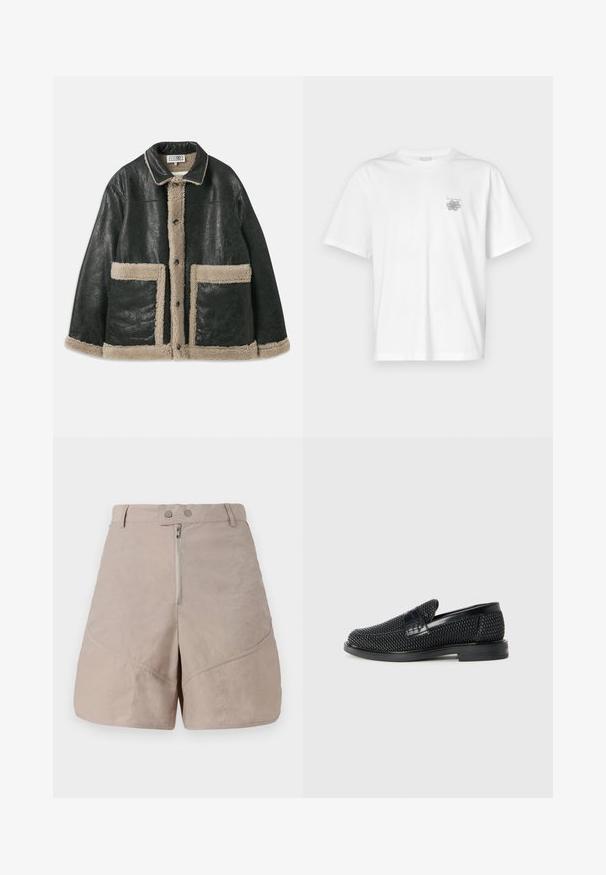 Melna ādas jaka ar bēša vilnas oderi, kurai ir lielas priekšējās kabatas un klasiska apkakle. Pogas ir izvietotas uz priekšu.; Baltas kokvilnas T-krekls ar īsām piedurknēm, apaļu dekoltē un mazu pelēku logo kreisajā krūšu daļā. Gluda tekstūra.; Beža šorti ar gludu, teksturētu audumu. Iekļauj priekšējo rāvējslēdzēja aizdari, divas pogu aizdares un diagonālus šuvju detaļas.; Melnas austas slaidu kurpes ar gludu ādas akcentu augšpusē, apaļas formas purngalu un zemas profila gumijas zoli.