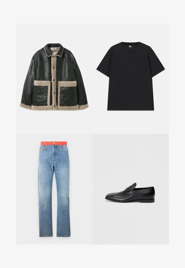 Fekete bőrdzseki bézs szőrme bélésse, nagy elülső zsebekkel és klasszikus gallérral. Gombok futnak végig az elején.; Fekete, rövid ujjú pamut póló, kerek nyakkivágással és egy kis logórészlettel az alján. Sima textúra, normál szabás.; Világoskék farmernadrág egyenes szabással, élénkpiros derékpánttal és hagyományos gombos és cipzáras záródással.; Fekete bőr, slip-on stílusú cipő, hegyes orral, sima textúrával és diszkrét logóval az oldalon. Alacsony sarokkal és letisztult, minimalista dizájnnal.