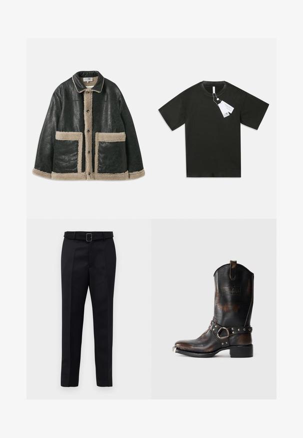 Juodas odinis švarkas su smėlio spalvos avikailio pamušalu, turintis dideles priekinės kišenes ir klasikinius atvartus. Mygtukai eina per visą priekį.; Juoda trumpomis rankovėmis medvilninė marškinėlių su apvaliu kaklu, su prisegtomis baltomis produkto etiketėmis, kabojo ant paprasto balto fono.; Juodos pritaikytos kelnės turi lygią medžiagą, tiesų kirpimą ir diržą su stačiakampiu sagtimi. Išskirtiniai priekiniai raukšliai pagerina dizainą.; Juodų odinių kaubojiškų batų su rudais įbrėžimais, dekoratyvine juosta su metaliniais viniukais ir žiedu, bei metaliniu pirštu, baltoje fone.