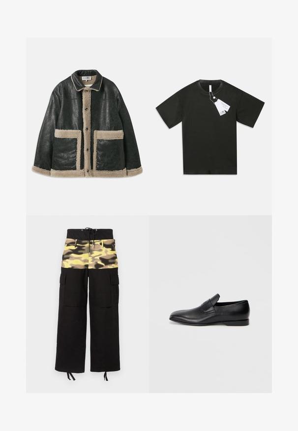 Black leather jacket with a beige shearling lining, featuring large front pockets and a classic collar. Buttons run down the front.; Black short-sleeve cotton T-shirt with round neck and attached white product tags hanging from the collar on a plain white background.; Cargo pants featuring a black fabric with a camouflage-patterned upper section in shades of yellow, green, and brown; includes adjustable waistband.; Black leather slip-on shoe with a pointed toe, smooth texture, and subtle branding on the side. Low heel with a clean, minimal design.