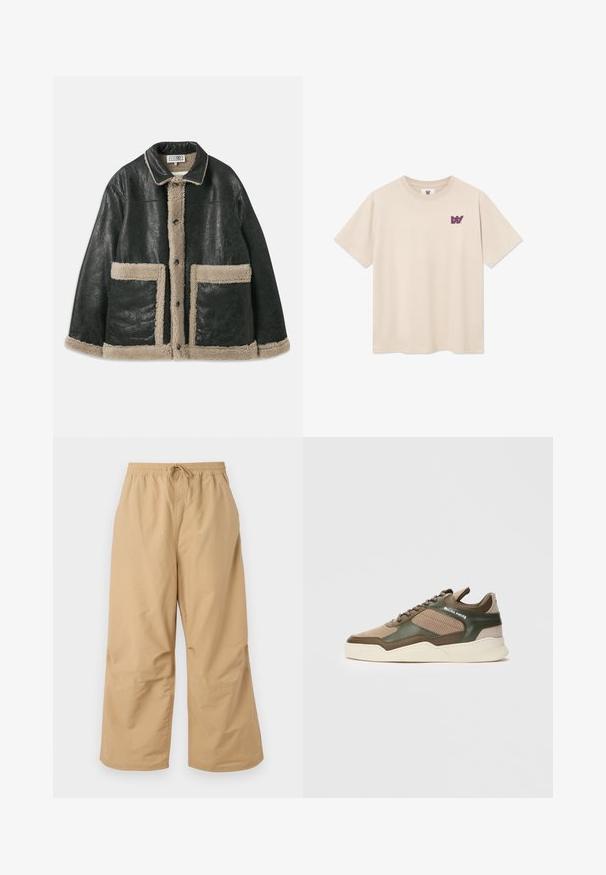 Black leather jacket with a beige shearling lining, featuring large front pockets and a classic collar. Buttons run down the front.; Beige short-sleeve crew neck T-shirt with small purple "W" logo on the left chest.; Beige wide-leg pants made of lightweight fabric, featuring an elastic waistband with a drawstring and stitched accents near the hem.; Beige and green low-top sneaker with perforated sides, white sole, lace-up front, and "FILLING PIECES" branding on the side panel.