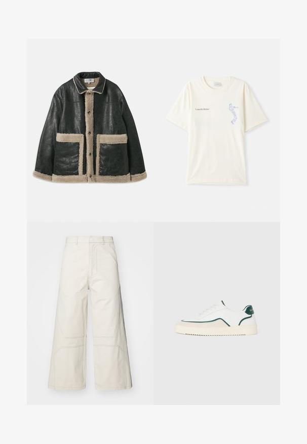 Čierna kožená bunda s béžovým ovčím kožuchom, so širokými prednými vreckami a klasickým golierom. Po celej dĺžke sú gombíky.; Biely bavlnený tričko s krátkymi rukávmi, s nápisom "United By Rhythm" v čiernej a modrej grafike na hrudi. S okrúhlym výstrihom.; A-COLD-WALL* FORMAT PANT - Nohavice - beige bone; Biele nízke tenisky s zeleným lemovaním, béžovými zamatovými detailami a krémovou podošvou s drsným dnom.