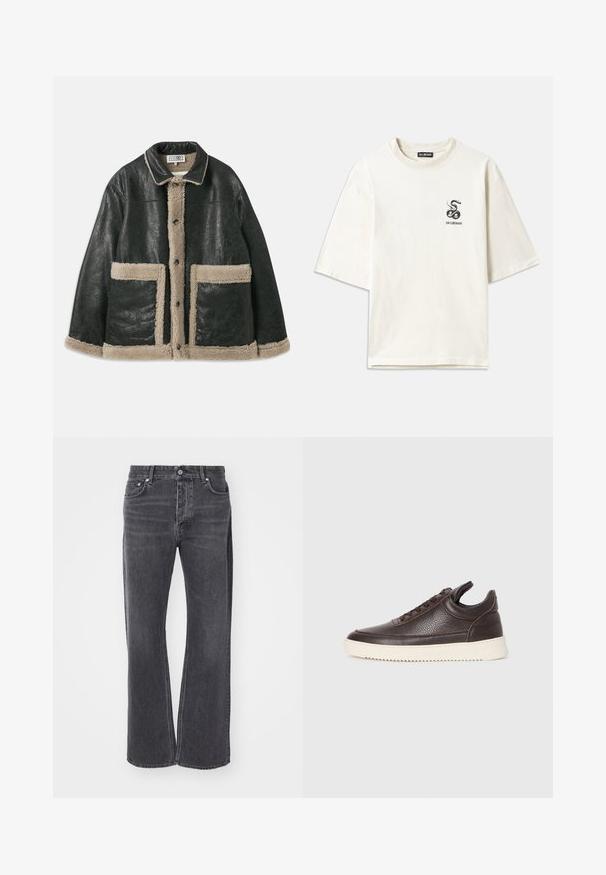 Fekete bőrdzseki bézs szőrme bélésse, nagy elülső zsebekkel és klasszikus gallérral. Gombok futnak végig az elején.; Krém színű, oversize pamut póló. Rövid ujjú, bal mellen egy kis fekete kígyó grafikával.; Fekete, magas derekú farmernadrág, laza, széles lábú kivitelben. Denim anyagból készült, finom kopással és elülső, valamint hátsó zsebekkel.; Sötétbarna, texturált bőr sneaker, fűzős elejével és fehér, bordázott gumitalpával egy sima világos háttér előtt.
