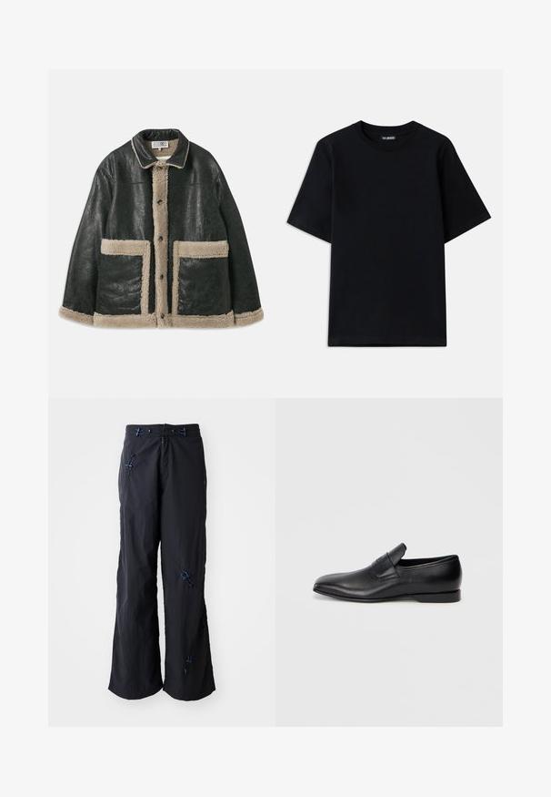 Black leather jacket with a beige shearling lining, featuring large front pockets and a classic collar. Buttons run down the front.; Black cotton t-shirt with a crew neck and short sleeves. Features subtle logo embroidery on the left chest. Flat, smooth texture.; Black, lightweight, wide-leg pants with a textured finish. Features blue accents and toggles for adjustability. Zipper closure.; Black leather slip-on shoe with a pointed toe, smooth texture, and subtle branding on the side. Low heel with a clean, minimal design.