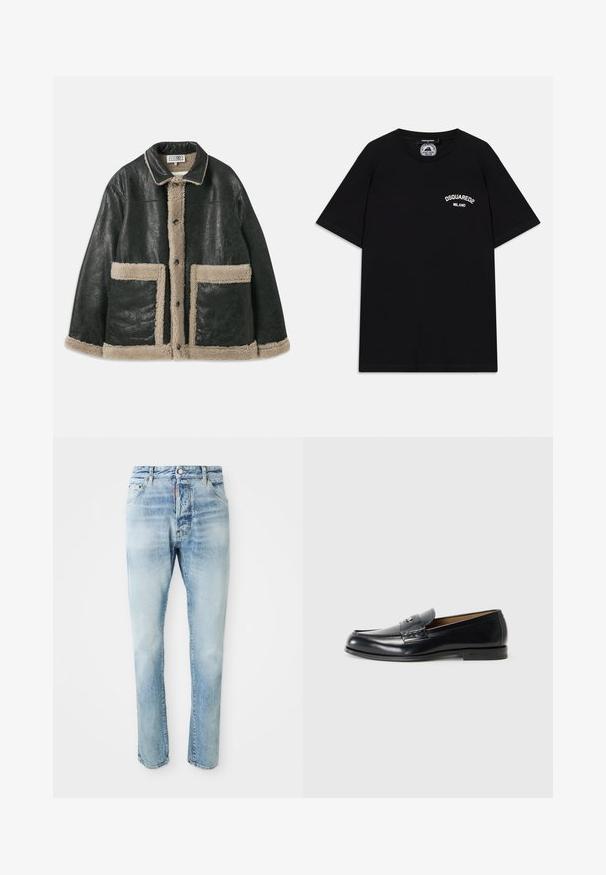 Must musta jakk, millel on beež lambavillane vooder, suure esikottidega ja klassikalise kraega. Ees olevate nööpide rida ulatub piki fronti.; Mustad puuvillane T-särk lühikeste varrukatega, millel on rinnal valge "DSQUARED2 MILANO" logo. Ümara kaela kujundus, sile tekstuur.; Heleroosa tuhmuma denimist valmistatud teksad, millel on nupud ja võlv, ees ja taga taskud, esitatud igavale valgele taustale.; Mustad nahast loafers musta värviga, siledat pinna, ümmarguse toe, dekoratiivse tikandi ja väikese metallaktsendiga esiosas.