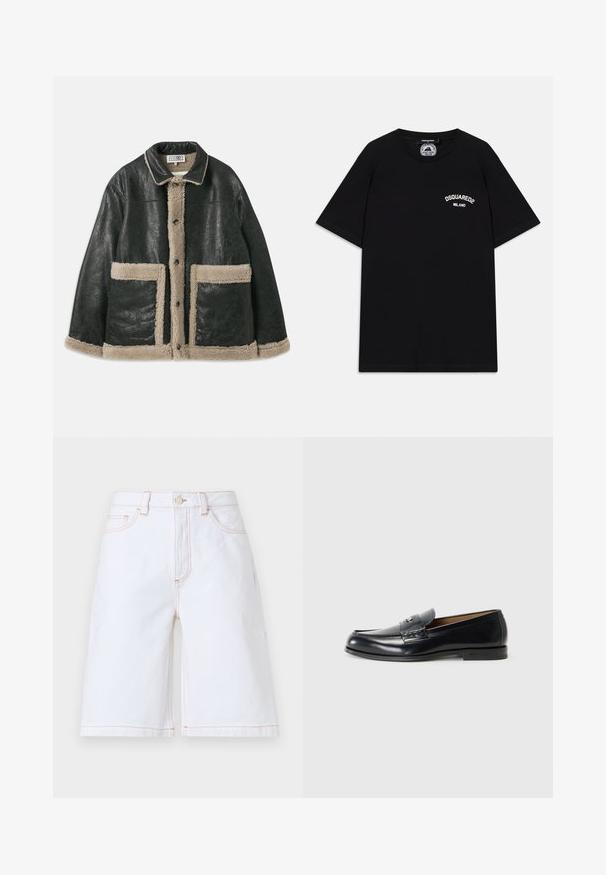 Fekete bőrdzseki bézs szőrme bélésse, nagy elülső zsebekkel és klasszikus gallérral. Gombok futnak végig az elején.; Fekete pamut póló rövid ujjakkal, fehér "DSQUARED2 MILANO" logóval a mellrészen. Kerek nyakú dizájn, sima textúra.; Fehér farmer rövidnadrág egyenes szabással, öt zsebbe és kontrasztos bézs varrással. Elöl gombbal és cipzárral záródik.; Fekete bőr loaferek sima felülettel, kerek orral, díszítő varrással és kis fém akcentussal az elején.