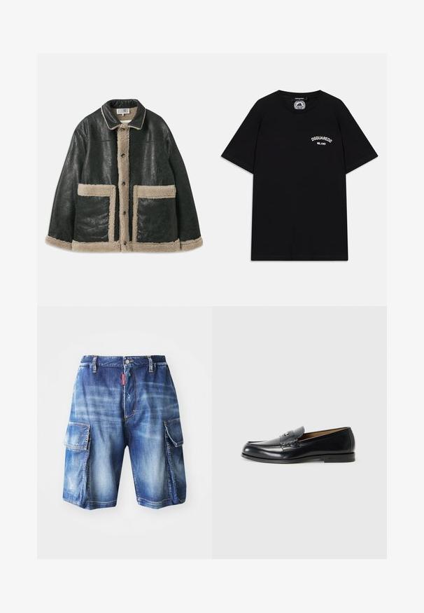Fekete bőrdzseki bézs szőrme bélésse, nagy elülső zsebekkel és klasszikus gallérral. Gombok futnak végig az elején.; Fekete pamut póló rövid ujjakkal, fehér "DSQUARED2 MILANO" logóval a mellrészen. Kerek nyakú dizájn, sima textúra.; Farmernadrág stílusú rövidnadrág, ellazult szabással, világoskék mosással, két nagy oldalzsebbel és visszafogott kopott részletekkel, rugalmas derékbőséggel.; Fekete bőr loaferek sima felülettel, kerek orral, díszítő varrással és kis fém akcentussal az elején.