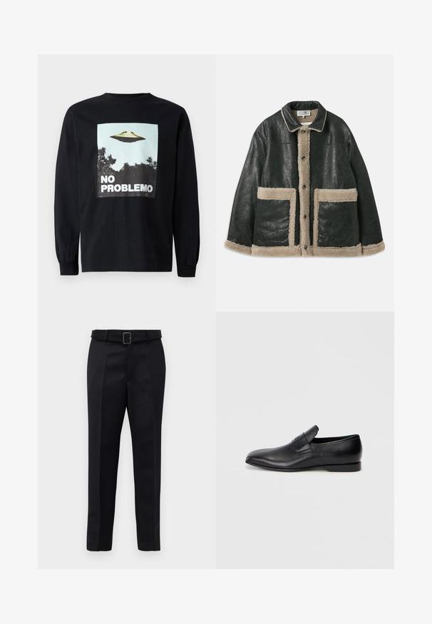 Schwarze Lederjacke mit beigem Lammfellfutter, großen Fronttaschen und klassischem Kragen. Knöpfe verlaufen entlang der Vorderseite.; Schwarzes Langarm-T-Shirt mit einem Grafikmotiv eines fliegenden Untertellers über Bäumen und dem Text "NO PROBLEMO" in fetten weißen Buchstaben.; Schwarze maßgeschneiderte Hosen aus glattem Stoff, mit geradem Schnitt und einem Bund mit rechteckiger Schnalle. Auffällige Frontfalten betonen das Design.; Schwarzer Leder-Slipper mit spitzer Zehe, glatter Textur und dezentem Branding an der Seite. Niedriger Absatz mit einem klaren, minimalistischen Design.