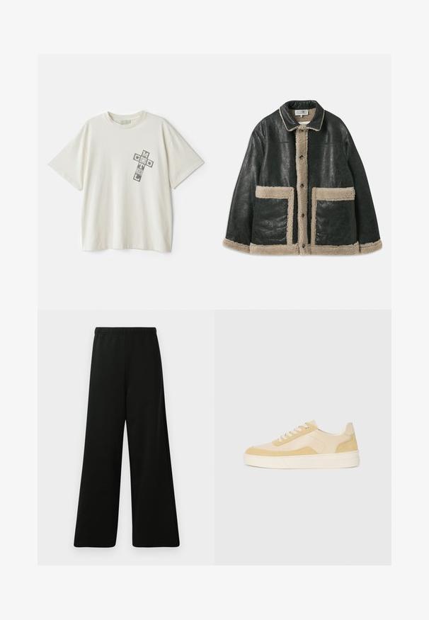 Juodas odinis švarkas su smėlio spalvos avikailio pamušalu, turintis dideles priekinės kišenes ir klasikinius atvartus. Mygtukai eina per visą priekį.; Kremo spalvos medvilninis marškinėliai su trumpos rankovėmis; ant kairės krūtinės yra grafika su užrašu "MOTEL" ir "DIEVAS" kryžminiu išdėstymu.; Juodos plačios kelnės pagamintos iš minkštos medžiagos. Savybės: elastinga juosmens dalis, lygi tekstūra ir paprastas, modernus dizainas be raštų.; Šviesiai geltoni zomšiniai ir odiniai sportbačiai, turintys paminkštintą pado ir siuvinėtus akcentus. Klasikinis raištelių modelis su apvaliu pirštu.