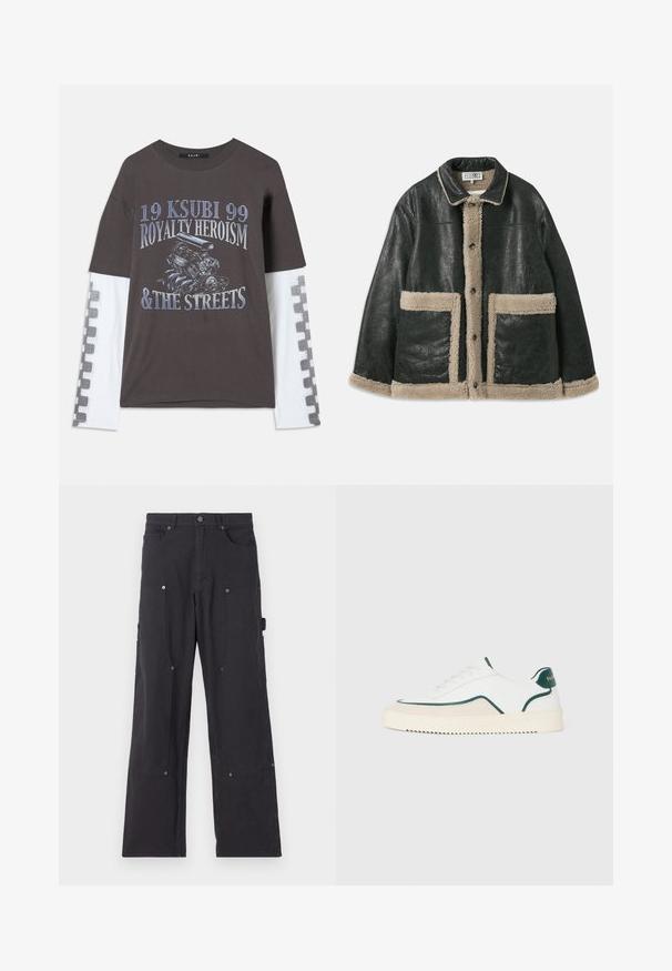 Fekete bőrdzseki bézs szőrme bélésse, nagy elülső zsebekkel és klasszikus gallérral. Gombok futnak végig az elején.; Sötétszürke póló hosszú fehér ujjakkal, amelyen motorkép és kék színű szöveg található. Kockás minta az ujjak mentén.; Fekete cargo nadrág tartós anyagból, egyenes szárú kivitelben, elülső zsebekkel, patentgombokkal és oldalsó hasznos zsebekkel.; Fehér alacsony szárú sneaker zöld díszítéssel, bézs velúr részletekkel és krémszínű talppal, amelynek bordázott az alja.