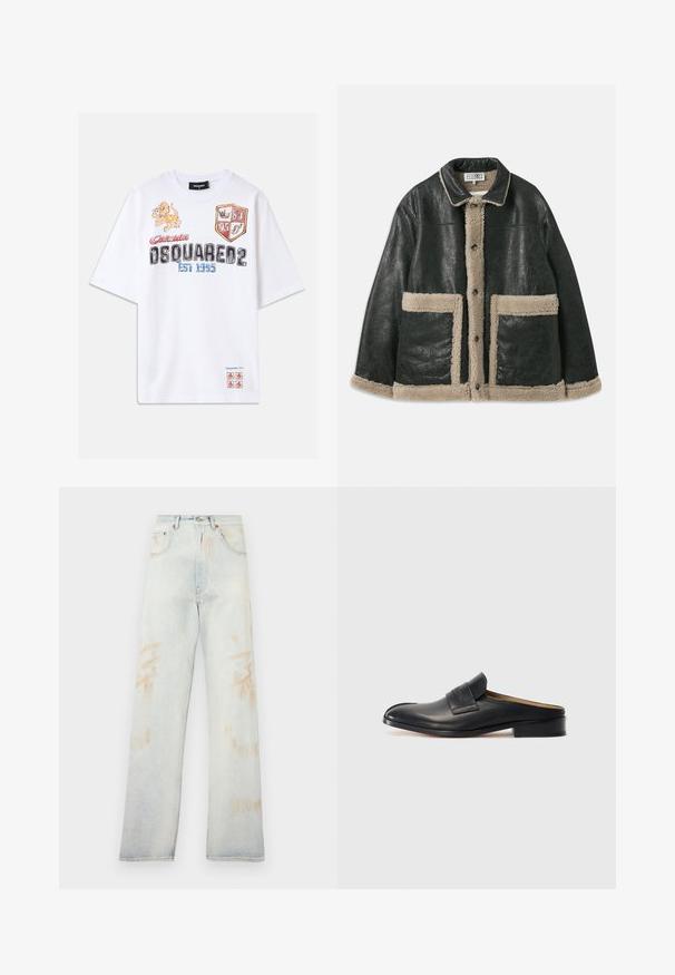 Must musta jakk, millel on beež lambavillane vooder, suure esikottidega ja klassikalise kraega. Ees olevate nööpide rida ulatub piki fronti.; Valge puuvillane T-särk, millel on värvikad graafilised kujutised, sealhulgas lõvi, kilbid ja tekst. Lahtine nii, et varrukad on lühikesed. Accentideks punased ja sinised toonid.; Heledad sinine teksapüksid kõrge vöökoha, laia jala ja väikeste pleekinud laikudega. Omab traditsioonilist viit taskut ja metallist detailid.; Must musta libisemisega king, ümarate varvaste ja madala ploki kandaga, millel on eesmine rihm. Sile tekstuur koos peene logo detailiga rihmal.