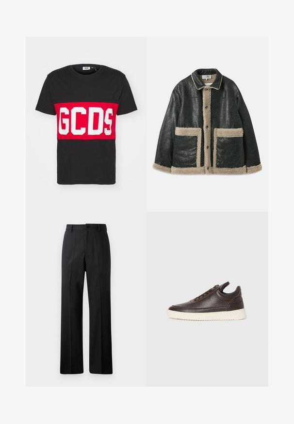 Melna ādas jaka ar bēša vilnas oderi, kurai ir lielas priekšējās kabatas un klasiska apkakle. Pogas ir izvietotas uz priekšu.; GCDS BAND LOGO REGULAR - Apdrukāts T-krekls - black; Melnas taisnas kājas bikses ar jostu cilpiņām, priekšējo pogu un rāvējslēdzēja aizdari, izliktas pret vienkāršu baltu fonu.; Tumši brūnas tekstūrētas ādas sporta kurpes ar saistēm priekšā un baltu rievotu gumijas zoli uz vienkārša gaiša fona.