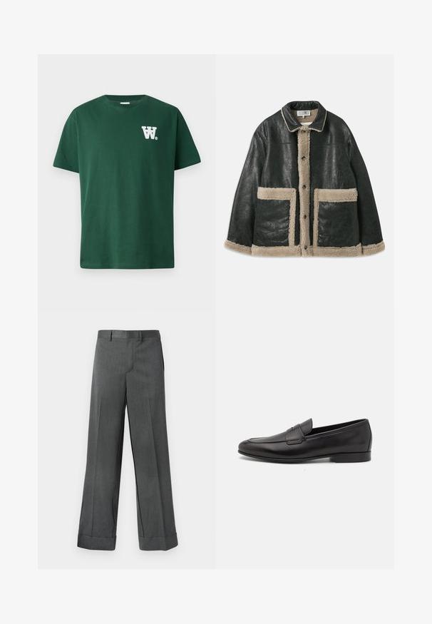 Black leather jacket with a beige shearling lining, featuring large front pockets and a classic collar. Buttons run down the front.; Green cotton t-shirt featuring a round neckline and short sleeves, with a white “W” logo on the left chest. Plain design, no patterns.; Gray, wide-leg trousers with a textured fabric, featuring a flat front, belt loops, and cuffed hems. Tailored design without any visible pockets.; Black leather men's loafer with a low heel and a classic penny strap design, shown in side profile on a white background.