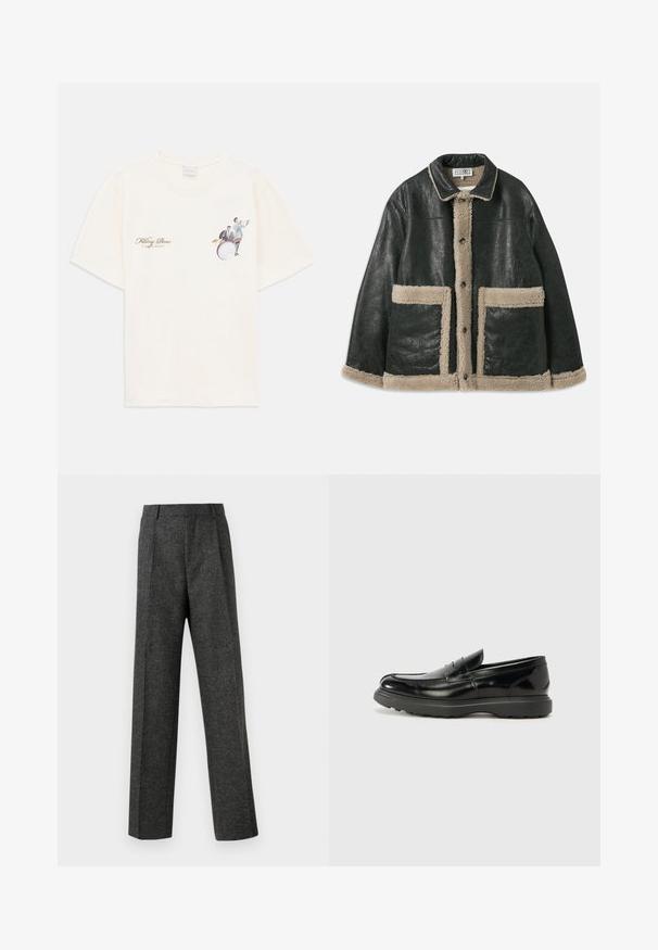 Melna ādas jaka ar bēša vilnas oderi, kurai ir lielas priekšējās kabatas un klasiska apkakle. Pogas ir izvietotas uz priekšu.; Off-white T-krekls ar mazu divu mūziķu attēlu, viens spēlē trompeti un otrs pie sitaminstrumentiem, un tekstu "Filling Pieces 'Vienoti Ritmā'".; Pelēki piegriezti bikses, izgatavotas no tekstūras auduma, ar diviem priekšējiem krokām un taisnu kāju dizainu. Nav redzamu kabatu vai rotājumu.; Melnas ādas loafers ar spīdīgu apdari, noapaļota pirksta forma, smalkas šuvju detaļas un bieza gumijas zole ilgstošai lietošanai.