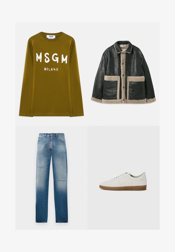 Melna ādas jaka ar bēša vilnas oderi, kurai ir lielas priekšējās kabatas un klasiska apkakle. Pogas ir izvietotas uz priekšu.; Olīvu zaļas krāsas garās piedurknes T-krekls, kas izgatavots no kokvilnas, ar lielu balto "MSGM" un "MILANO" tekstu drukātu priekšpusē.; Gai zilā denima džinsi ar taisnu kāju dizainu, nolietotu mazgāšanu un diviem horizontāliem šuvumiem. Iespējo piecas kabatas un pogu aizdari.; Balti ādas sporta apavi ar teksturētu virsmu, gumijas zoli, noapaļotu purngalu un minimālistisku dizainu. Uz sāniem ir smalks logotips.