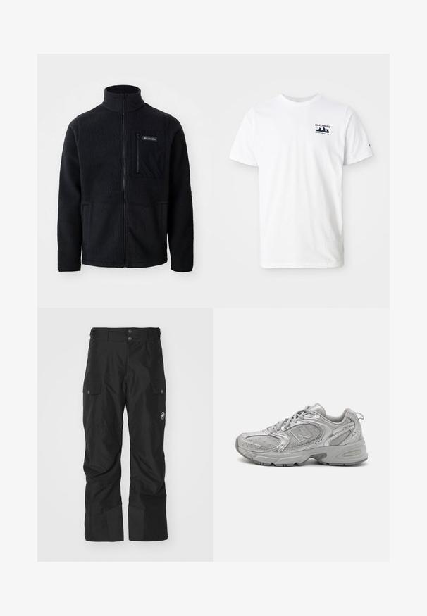 Melna fleece jaka ar augstu kaklu, pilnu priekšējo rāvējslēdzēju un ar rāvējslēdzēju aprīkotu krūšu kabatu. Strukturēta, mīksta auduma ar minimāliem šuvēm.; Balta kokvilnas T-kreklu ar īsām piedurknēm. Uz kreisās krūts ir jūras zila logotipa emblēma. Vienkārša apaļā kakla forma, gluda tekstūra.; Melni kravas bikses, izgatavotas no ūdensnecaurlaidīga materiāla, ar divām sānu kabatām, pastiprinātiem apakšējiem kāju galiem un pogu aizdari jostasvieta.; Sudraba sporta apavi ar elegantu dizainu, acs paneļiem, mīkstu valvi, teksturētu sintētisku virsu un gumijas zoli labākai saķerei.