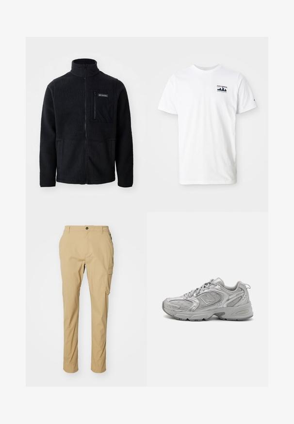 Crna flis jakna s visokim ovratnikom, punim prednjim zatvaračem i zatvorenim džepom na prsima. Tekstura, mekana tkanina s minimalnim šavovima.; Bijela pamučna majica s kratkim rukavima. Ima mornarsko plavi logo na lijevoj strani prsnog koša. Jednostavni dizajn s okruglim izrezom, glatka tekstura.; Kaki cargo hlače napravljene od laganog materijala, s ravnim krojem, bočnim džepovima i kopčanjem na dugme u struku.; Srebrna atletska cipela s elegantnim dizajnom, mrežastim panelima, podstavljenim jezikom, teksturiranom sintetičkom gornjom stranom i gumenim potplatom za prianjanje.