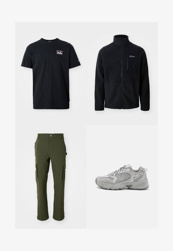 Black fleece jacket with high neck, full front zipper, and a zippered chest pocket. Textured, soft fabric with minimal seams.; Black cotton t-shirt with short sleeves. Features a graphic logo in red, white, and blue on the upper left chest. Smooth texture, crew neck design.; Olive green cargo pants made of lightweight fabric. Features straight legs, multiple side pockets, and a button closure at the waist.; Silver athletic shoe with a sleek design, mesh panels, padded tongue, textured synthetic upper, and rubber outsole for traction.