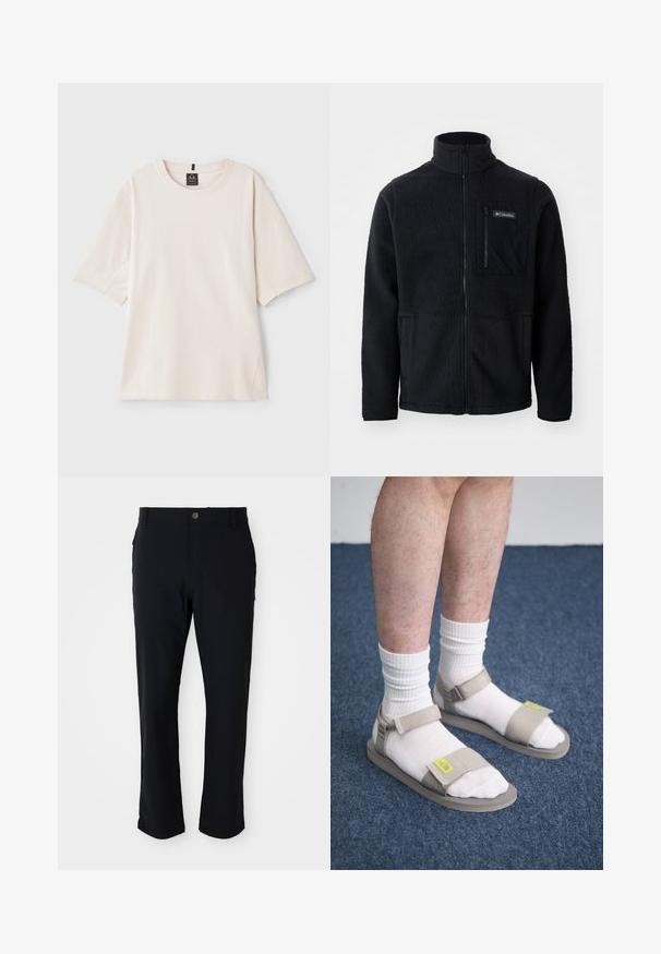 Juodas pūkų švarkas su aukštu kaklu, pilnu priekyje užtrauktuku ir užtrauktuku uždaru krūtinės kišenė. Textūruota, minkšta medžiaga su minimaliais siūlais.; Šviesiai kreminės spalvos marškinėliai, pagaminti iš minkštų medvilnės. Turi apvalią iškirptę, trumpas rankoves ir laisvą siluetą su šoninėmis siūlėmis.; Juodi keliniai su sagos užsegimu, tiesių kojų dizainu, lygiu paviršiumi ir šoninėmis kišenėmis, tinkami įvairioms progoms.; Bežiniai sandaalai su reguliuojamais dirželiais, dėvimi virš baltų kojinių. Pado paviršius lygus su tekstūruotu raštu. Nustatyta mėlynos kilimo fone.