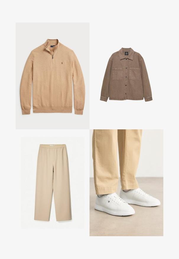 Barna pamut ing, gombos elülső résszel, klasszikus gallérral, két foltvarrott zsebbel és látható varrási részletekkel.; Beige cipzáros pulóver struktúrált kötött anyagból, bordás mandzsettákkal és aljúval; kis logóval a mellen.; Beige színű, bő szárú nadrág, gumis derékkal, puha anyagból készült, sima tapintással és minimális varrási részletekkel.; Fehér bőr sportcipők sima felülettel, kerek orral, fűzős kivitelben, oldalt diszkrét logóval, bézs nadrággal párosítva.