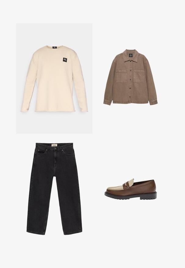 Camicia overshirt in cotone marrone con chiusura a bottoni, colletto classico, due tasche applicate e dettagli di cucitura a vista.; Maglione a maniche lunghe beige in maglia con collo rotondo e piccolo patch con logo nero sul lato sinistro del petto.; Jeans in denim nero con una vestibilità rilassata. Presentano cinque tasche, una chiusura frontale con bottone e dettagli di cucitura. Texture leggermente sbiadita.; Mocassino in pelle marrone con accentuazione in pelle beige e dettagli di cucitura. Presenta una suola nera a bassa trama e un design classico.
