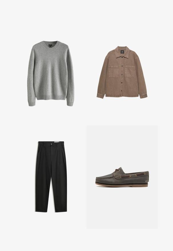 Bruine katoenen overshirt met een knoopsluiting aan de voorkant, klassieke kraag, twee opgestikte zakken en zichtbare stiksels.; Grijze gebreide trui met een ronde hals, geribde manchetten en onderkant, met een zachte textuur en een ontspannen pasvorm. Geen zichtbare patronen of accenten.; Zwarte katoenen broeken met een losse pasvorm, voorzien van een klassieke tailleband, voorplooien en zijzakken. Gladde structuur zonder patronen.; Donkerbruin leren bootschoen met een low profile, voorzien van messing oogjes en contrasterende stiksels, platte rubberen zool en een textuurfinish.
