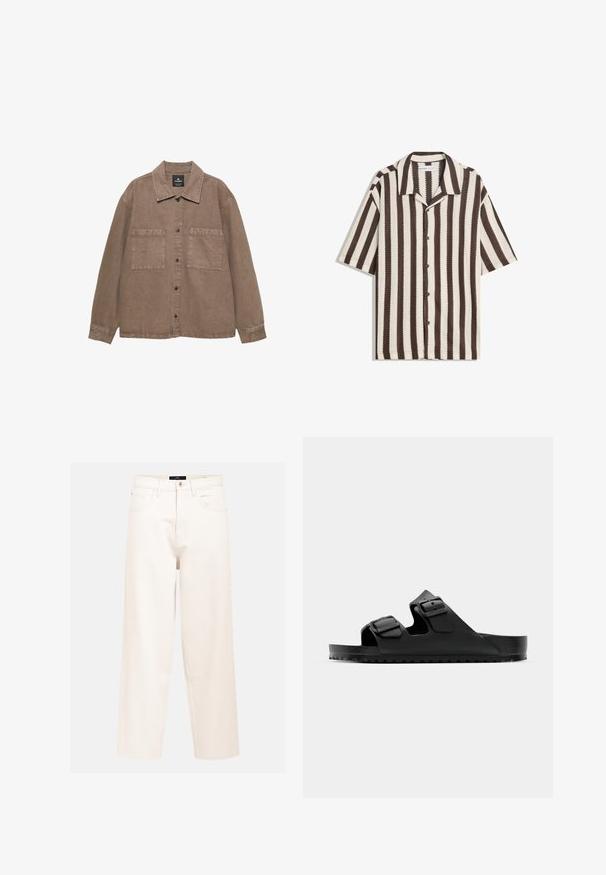 Hnědá bavlněná overshirt s knoflíkovým zapínáním, klasickým límcem, dvěma našitými kapsami a viditelnými švy.; Košile s krátkým rukávem, s hnědými a béžovými vertikálními pruhy a rozepínacím límcem, položená na bílém pozadí.; Světle béžové džínové kalhoty širokého střihu z bavlněného denimu s vysokým pasem, pěti kapsami a jedním předním knoflíkem.; Černé sandály se dvěma nastavovacími pásky, vyrobené z syntetického materiálu. Mají strukturovanou stélku a odolnou gumovou podrážku s protiskluzovým gripem.