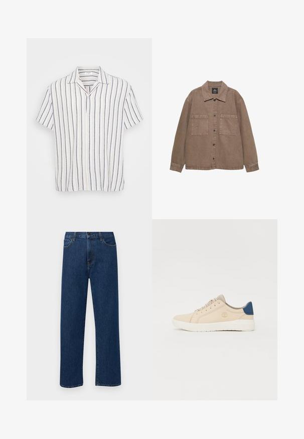 Camicia overshirt in cotone marrone con chiusura a bottoni, colletto classico, due tasche applicate e dettagli di cucitura a vista.; Camicia a maniche corte con bottoni, caratterizzata da righe verticali bianche, blu marino e beige chiaro. Realizzata in tessuto leggero con colletto aperto.; Jeans in denim di un blu scuro a gamba dritta con tasche anteriori e chiusura con bottone, esposti su uno sfondo bianco semplice.; Sneakers beige in suede, con suola bianca, lacci beige e un dettaglio blu sul tallone. Logo impresso di lato.