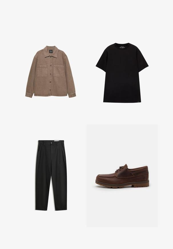 Camicia overshirt in cotone marrone con chiusura a bottoni, colletto classico, due tasche applicate e dettagli di cucitura a vista.; PULL&BEAR JOIN LIFE - T-shirt basic - black; Pantaloni in cotone neri con una vestibilità rilassata, dotati di una vita classica, pieghe frontali e tasche laterali. Tessuto liscio senza fantasie.; Scarpa in pelle marrone con punta arrotondata, design con lacci e cuciture a contrasto. Presenta una suola in gomma resistente e un dettaglio con logo impresso.