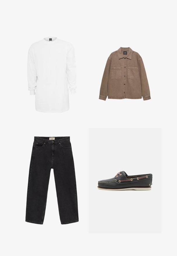 Ruskea puuvillapaita, jossa on napitus edessä, klassinen kaulus, kaksi läpällä varustettua taskua ja näkyviä ompelutöitä.; Pitkähihaista valkoista puuvillapaitaa, jossa on pyöreä kaula-aukko, rento istuvuus ja ribbaatut hihat. Yksinkertainen muotoilu, ei graafisia kuvastoja tai kuvioita.; Mustat farkut rentoa istuvuutta. Ominaisuuksiin kuuluu viisi taskua, etunappi kiinnitys ja ompeluyksityiskohdat. Hieman kulunut pinta.; Musta nahkainen venepoppo, jossa on pyöristetty kärki, valkoinen kumipohja, kultaiset silmukat ja kontrastiväriset viininpunaiset nauhat. Sisältää ommeltuja yksityiskohtia.