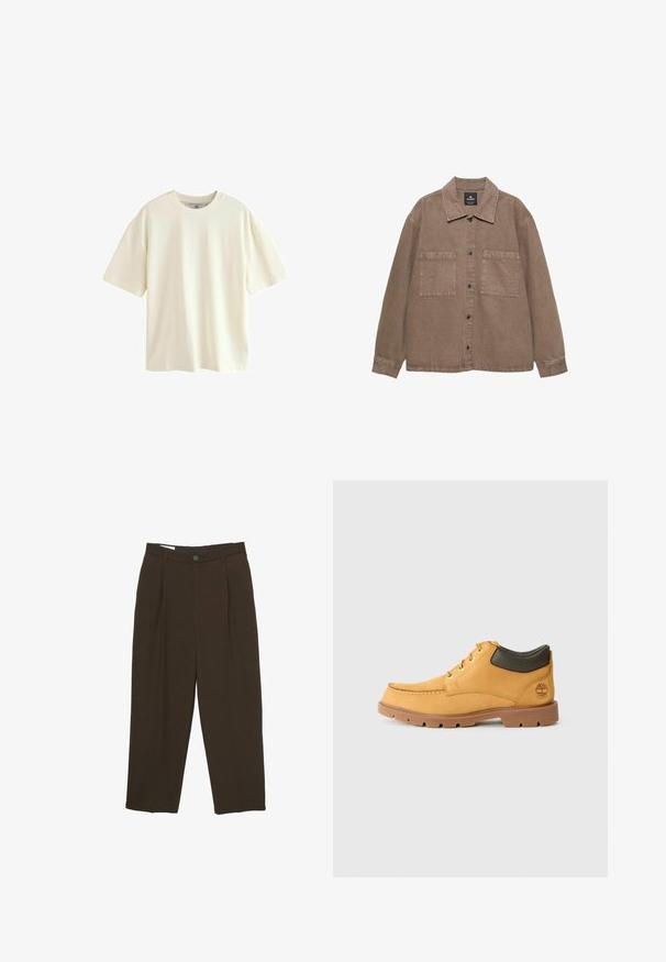Braune Baumwoll-Übergangsjacke mit durchgehender Knopfleiste, klassischem Kragen, zwei aufgesetzten Taschen und sichtbaren Nähdetails.; Kurzarm-T-Shirt aus offweißem Baumwollmaterial, mit einem klassischen Rundhalsausschnitt und einem lockeren Schnitt, das eine glatte Textur aufweist und keine sichtbaren Muster oder Akzente hat.; Dunkelbraune maßgeschneiderte Hosen mit vorderen Falten, Gürtelschlaufen und einem Knopfverschluss an der Taille.; Gelbes Leder-Schuhwerk mit brauner Gummisohle, runder Zehenpartie und grünem Lederdetail am Knöchel. Verfügt über goldene Ösen und Nähakzente.