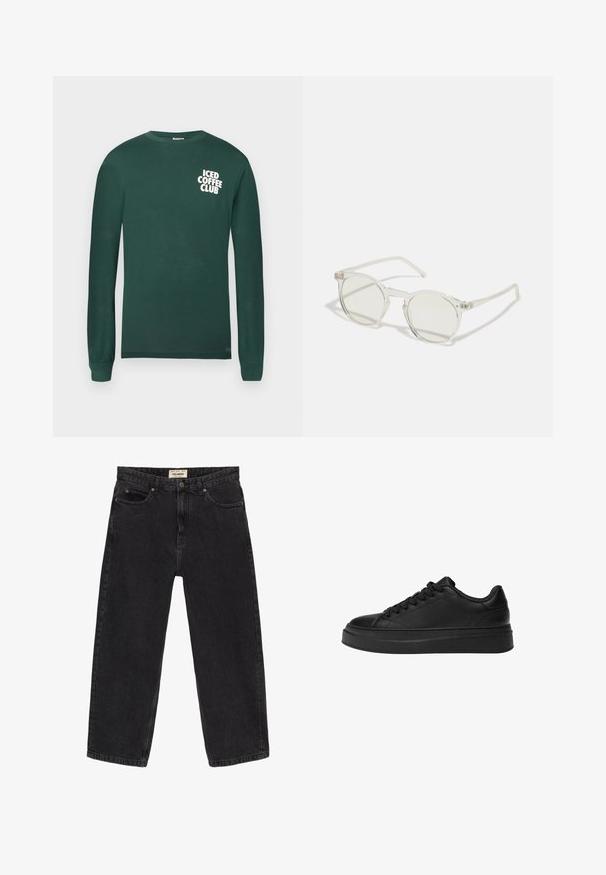 Smeđa pamučna overshirt košulja s dugmadi sprijeda, klasičnom ovratniku, dva zakrpljena džepa i vidljivim detaljima šivanja.; Tamna zelena majica dugih rukava od pamuka s bijelim grafičkim otiskom "ICED COFFEE CLUB" na lijevoj strani prsnog koša.; Crne traperice od denima s opuštenim krojem. Imaju pet džepova, prednje kopčanje na gumbe i detalje šivanja. Blago izblijedjeli izgled.; Crne tenisice od glatke kože, s okruglim vrhom, debelim platformom i klasičnim vezanjem s šest rupica.; Okrugle sunčane naočale s transparentnim okvirom, svjetlozelenim staklima i tankim, prozirnim krakovima. Imaju suptilne metalne akcenti na okviru.