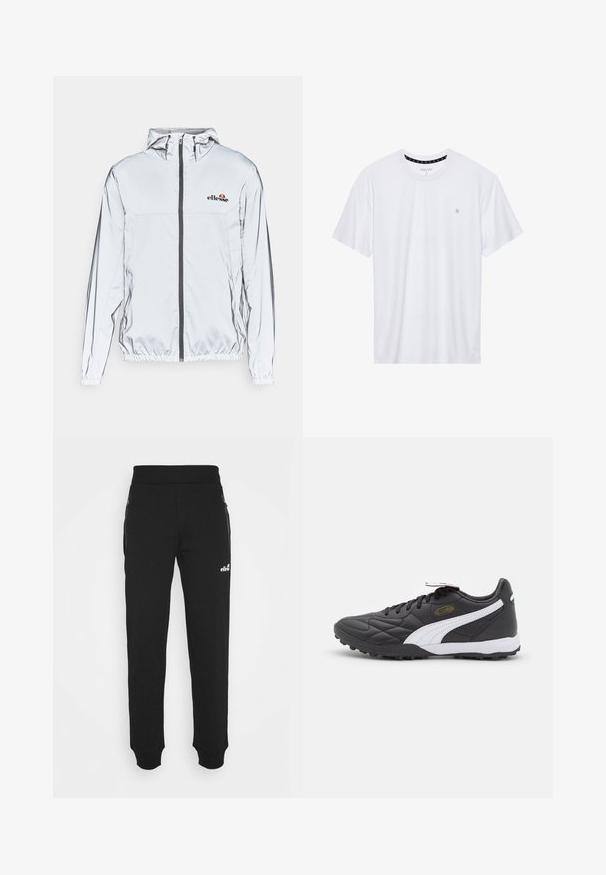 Könnyű ezüst dzseki kapucnival, fekete cipzárral és rugalmas aljjal. A mellkason logó található, sima, fényvisszaverő szövettextúrával.; Fehér, pamutból készült folt nélküli póló, rövid ujjakkal és a bal melle részén elhelyezett, hímzett kis logóval. Puha tapintású.; Fekete, puha anyagból készült sportnadrág, szűkített lábdesignnal, rugalmas derékkal, cipzáros oldalzsebekkel és egy kis logóval.; Fekete focicipők steppelt textúrával, fehér díszítéssel és párnázott bokarészel. Gumitalp, amely a tapadást szolgálja. Arany logós részlet.