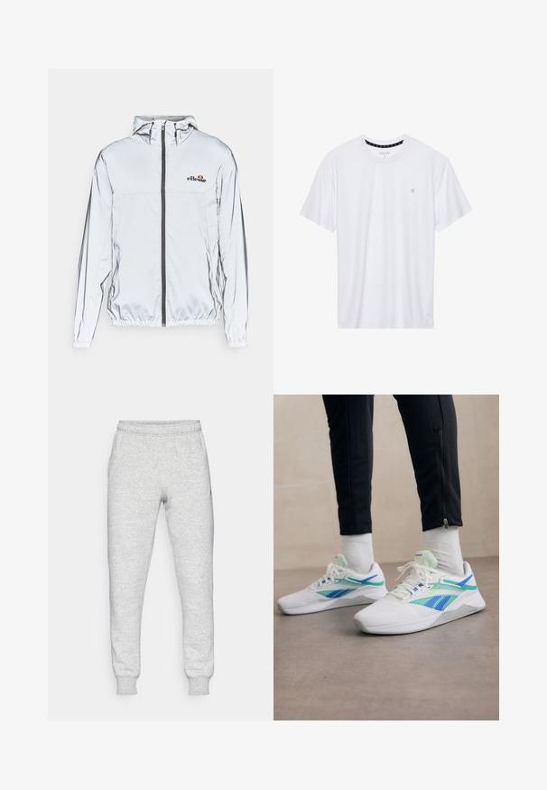 Ľahká strieborná bunda s kapucňou, čiernym zipsom a elastickým lemom. Má logo na hrudi a hladký, reflexný povrch látky.; Biele tričko s okrúhlym výstrihom vyrobené z bavlny, s krátkymi rukávmi a malým logom vyšitým na ľavej strane hrude. Mäkká textúra.; Sivé tepláky vyrobené z mäkkého zmesového bavlneného materiálu, s elastickým pásom, zúženými nohavicami a malým logom na ľavej strane vrecka.; Biele športové topánky s zelenými a modrými akcentmi, sieťovinovými panelmi a textúrovanými detailmi. Nosené s čiernymi nohavicami a bielymi ponožkami.