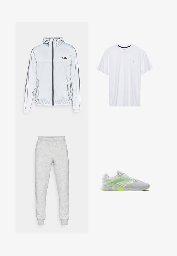 Ľahká strieborná bunda s kapucňou, čiernym zipsom a elastickým lemom. Má logo na hrudi a hladký, reflexný povrch látky.; Biele tričko s okrúhlym výstrihom vyrobené z bavlny, s krátkymi rukávmi a malým logom vyšitým na ľavej strane hrude. Mäkká textúra.; Sivé tepláky vyrobené z mäkkého zmesového bavlneného materiálu, s elastickým pásom, zúženými nohavicami a malým logom na ľavej strane vrecka.; Sivé atletické topánky s priedušným zvrškom, jasne zelenými akcentami, textúrovanou podrážkou a logom na boku. Majú ľahký a flexibilný dizajn.