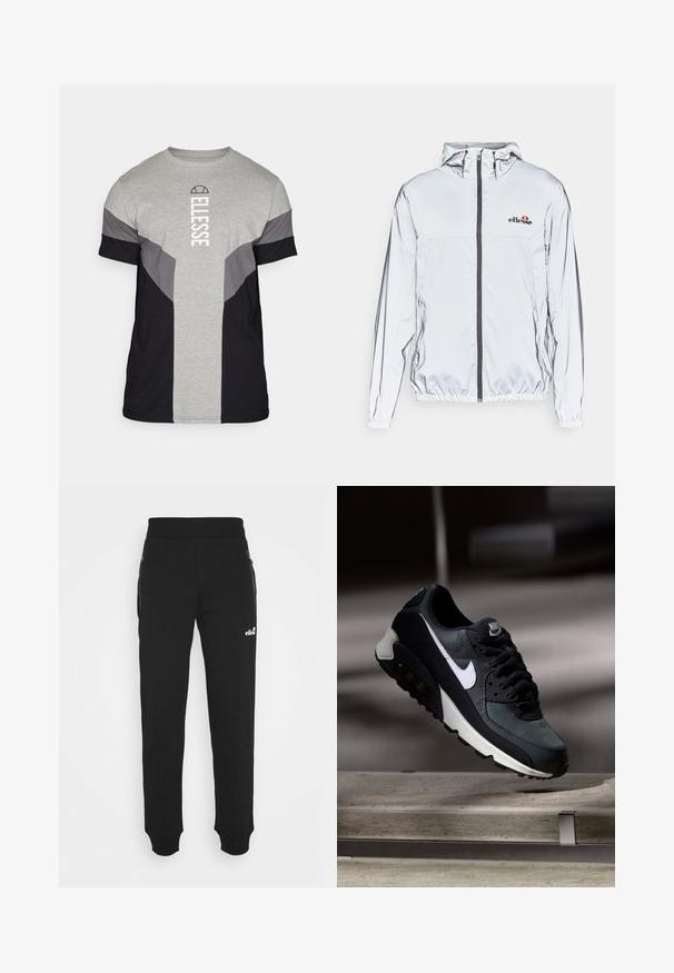 Vieglu sudraba jaku ar kapuci, melnu rāvējslēdzēju un elastīgu apakšmalu. Ievērojams logo uz krūtīm un gluda, atstarojoša auduma tekstūra.; Pelēks un melns īsās piedurknes T-krekls ar krāsu bloku dizainu; satur baltu vertikālu tekstu ar logo; audums izskatās gluds un viegls.; Melnas sporta bikses, kas izgatavotas no mīkstas auduma, piedāvā sašaurinātu kāju dizainu, elastīgu jostasvietu, sānu kabatas ar rāvējslēdzējiem un mazu logo akcentu.; Melnas un zaļas kedas ar rakstainu sieta augšdaļu, baltu swoosh logo, mīkstu apkakli un redzamu gaisa amortizācijas elementu zolē.