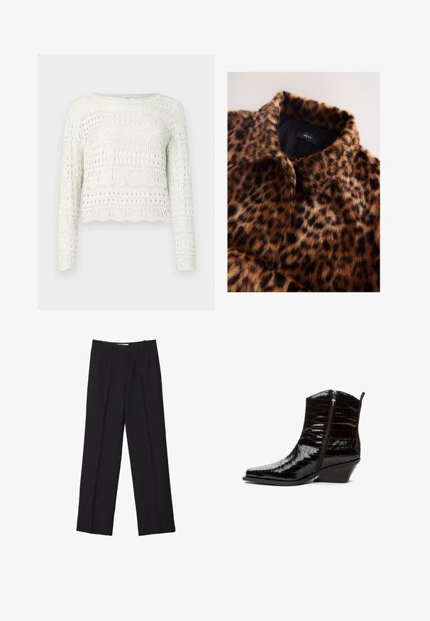 Leopardenmuster Kunstpelzjacke mit weicher Textur, ausgestattet mit einem schwarzen Innenfutter und einem Kragen. Markenetikett "NEXT" sichtbar.; Weißer, verkürzter Pullover mit langen Ärmeln, der filigrane Lochmuster und einen welligen Saum aufweist. Hergestellt aus leichtem, strukturiertem Strickmaterial.; Schwarze maßgeschneiderte Hosen mit geradem Bein, doppelten Falten, glatter Textur und dezenten Vordernahtdetails.; Schwarzer Stiefelette aus Kunstleder mit Krokodilstruktur, spitzer Zehenpartie und niedrigem Keilabsatz. Verfügt über einen seitlichen Reißverschluss zum Schließen.
