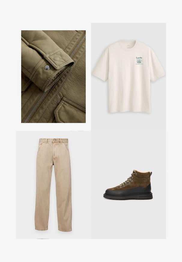 Oliivroheline nahkjakk, millel on tekstuuriga viimistlus, varustatud lukuga ja nööbiga detailiga mansettide juures.; Valge puuvillane lühikeste varrukatega t-särk, millel on vasakul rinnal roheline Lev'i logo ja tekst. Lõdvestunud istuvus, sile tekstuur.; Bežidemini teksased sirgjoonise kujundusega, front pocket'itega, metallist nööbi kinnitusega ja peene tekstuuriga.; Pruun nahast matkasaabastega, millel on must kummitald, ümar varvas ja rohelised paelad. Omab pehmendusega kaelust ja tõmbluku silmust, et sisestamine oleks lihtne.