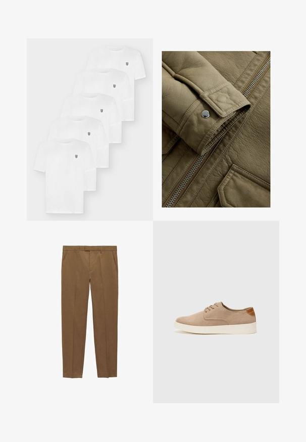 Olivgrüne Lederjacke mit strukturiertem Finish, ausgestattet mit einem Reißverschluss und einem Druckknopfdetail an den Ärmelbündchen.; Fünf weiße Baumwoll-T-Shirts mit kurzen Ärmeln. Jedes hat ein kleines Emblem auf der linken Brustseite. Klassisches Rundhalsausschnitt-Design.; Braune maßgeschneiderte Hosen aus glattem Stoff, mit flachem Frontdesign, geraden Beinen, Gürtelschlaufen und Seitentaschen.; Beige Wildleder-Sneaker mit runder Zehenpartie, Schnürung und strukturiertem Rückenteil. Die weiße Gummisohle sorgt für einen Kontrast. Einfaches und modernes Design.