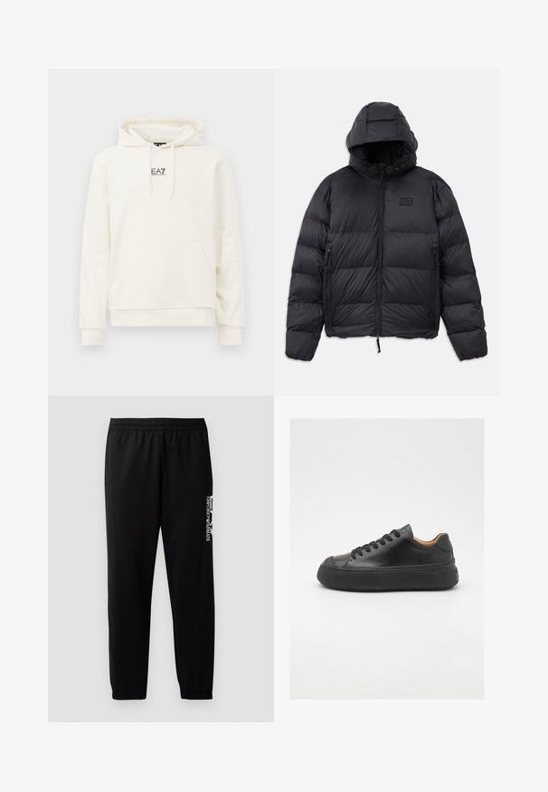 Črna puhovka s kapuco, ki ima kvadratno obliko, prevedene sekcije, žepe z zadrgo in majhen logotip na prsih.; Kremni hoodie s sprednjim žepom, kapuco na vrvico in majhnim črnim logotipom "EA7 Emporio Armani" na sredini prsi.; Črne športne hlače iz gladkega blaga, z elastičnim pasom in manšetami ter kontrastnim logotipom natisnjenim na strani.; Črne usnjene superge z okroglo konico, vezalnim sprednjim delom, gladko teksturo, debelim gumijastim podplatom in kontrastno rjavim notranjim delom.