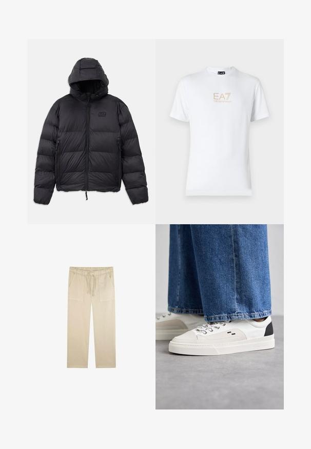 Schwarze Pufferjacke mit Kapuze, die eine kastige Form, gepolsterte Abschnitte, Reißverschlusstaschen und ein kleines Logo-Patch auf der Brust hat.; Weißes Baumwoll-T-Shirt mit Rundhalsausschnitt und kurzen Ärmeln, mit einem goldenen EA7 Emporio Armani-Logo auf der Vorderseite.; Scalpers BRIMI - Stoffhose - sand; Weiße und schwarze Sneaker mit einem Obermaterial aus glattem Leder, strukturierten Akzenten und einer massiven weißen Sohle. Verfügt über ein klassisches Schnürdesign.